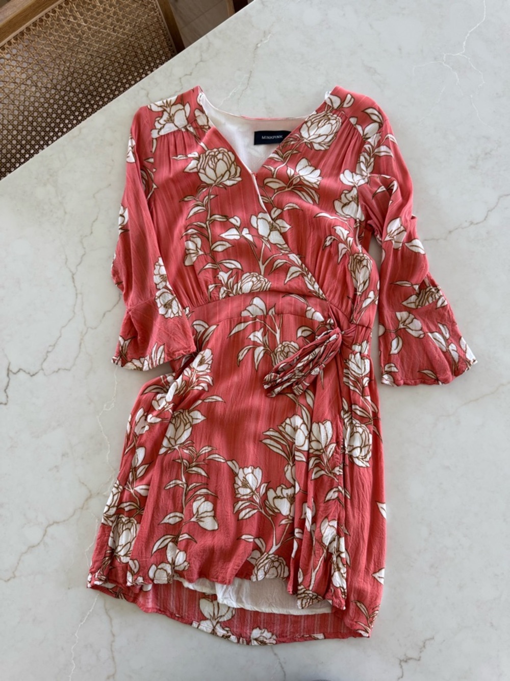 MINKPINK Coral Wrap Dress with White Floral Print
